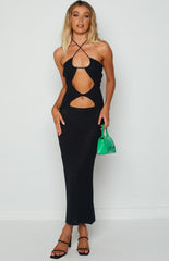 Beginning Boutique Renata Black Cut Out Dress black textured knit halter neck midi dress with criss-cross straps and multiple cutouts