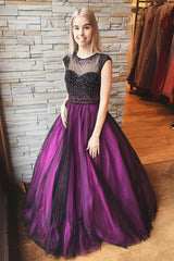 Round Neck Cap Sleeves Beaded Long Purple Prom Dress, Cap Sleeves Purple Formal Dress, Purple Evening Dress