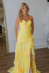 Ruched Ruffle Fitted Yellow Long Prom Dress with Slit PSK576-Pgmdress