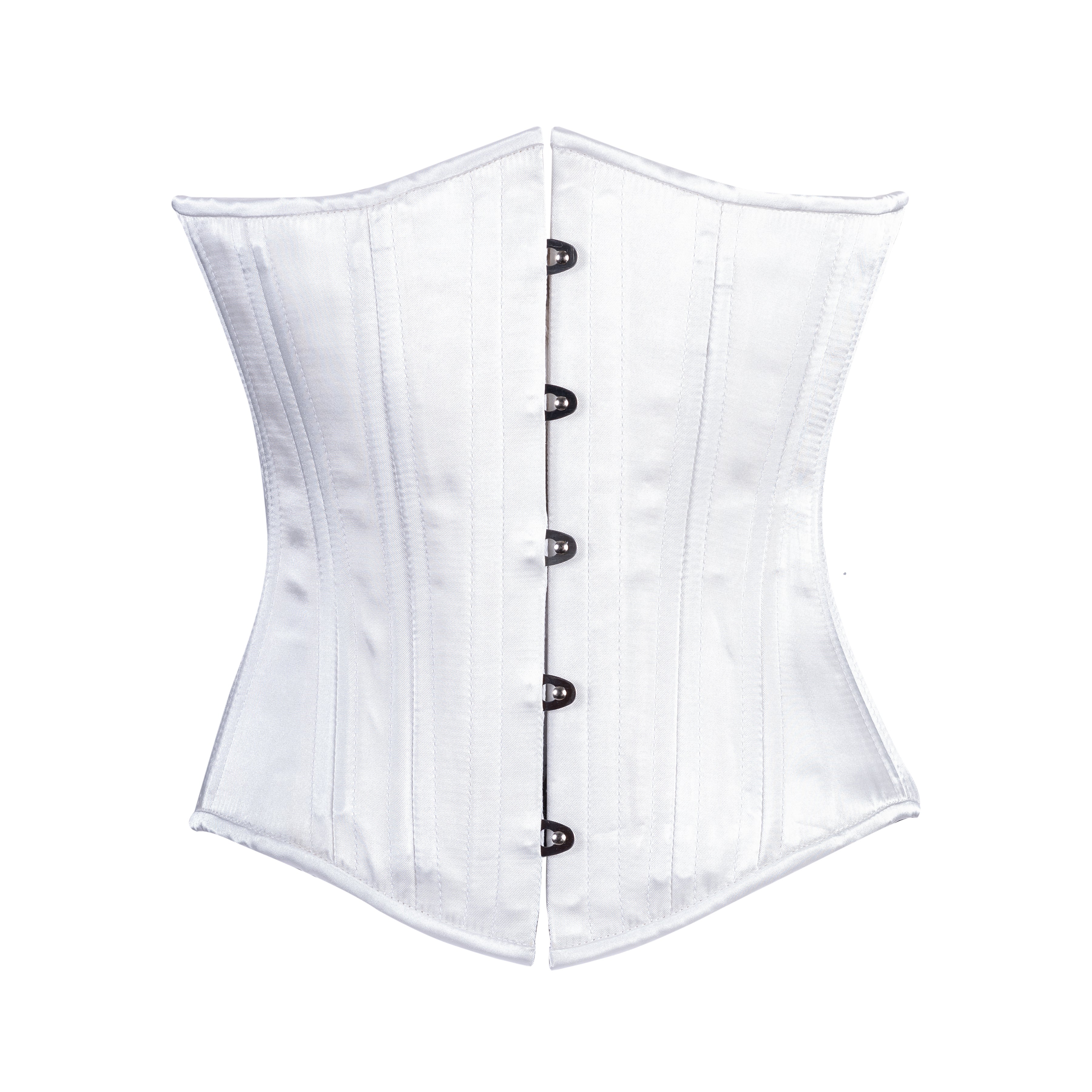 White Bridal Satin Corset, Slim Silhouette, Regular underbust length, front view with busk closure