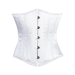 White Bridal Satin Corset, Slim Silhouette, Regular underbust length, front view with busk closure