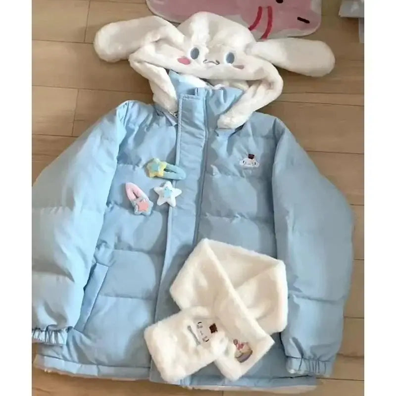 Kawaii Bunny Ear Hoodie Jacket - Light Blue Cute Animal Winter Coat with Plush Details | Yume Kei