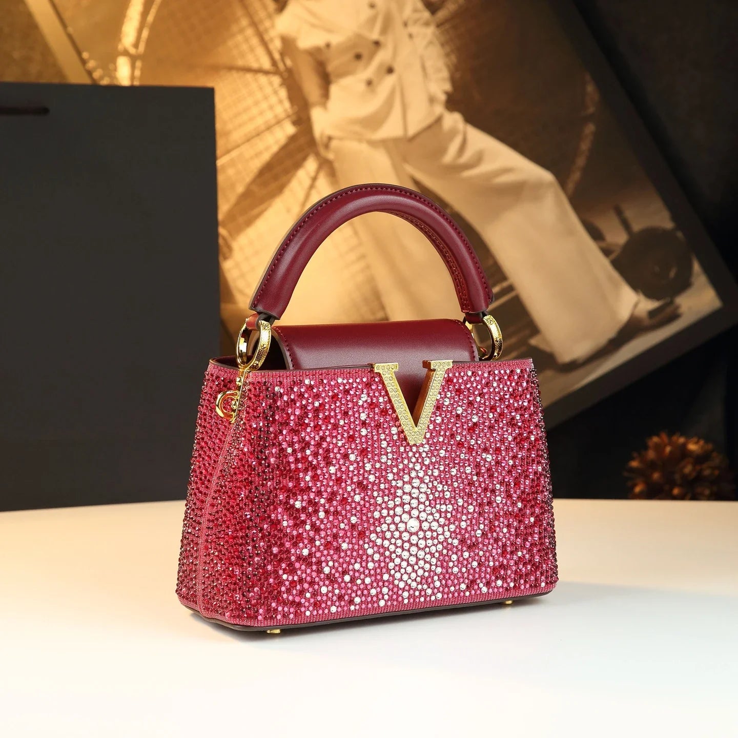 Women's Genuine Leather Diamonds V Letter Small Crossbody Evening Handbag