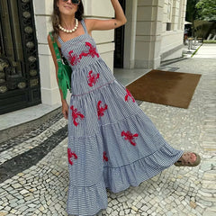 Pbong Hit Color Embroidery Dresses for Women Square Sleeve Sleeveless High Waist Temperament Dress Female Style