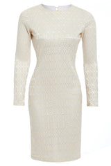 The Sarvin Ivory Lace Backless Dress is a cream long-sleeve, knee-length bodycon evening dress with a lace-like texture, round neckline, chic back button closure, and elegant fitted silhouette.