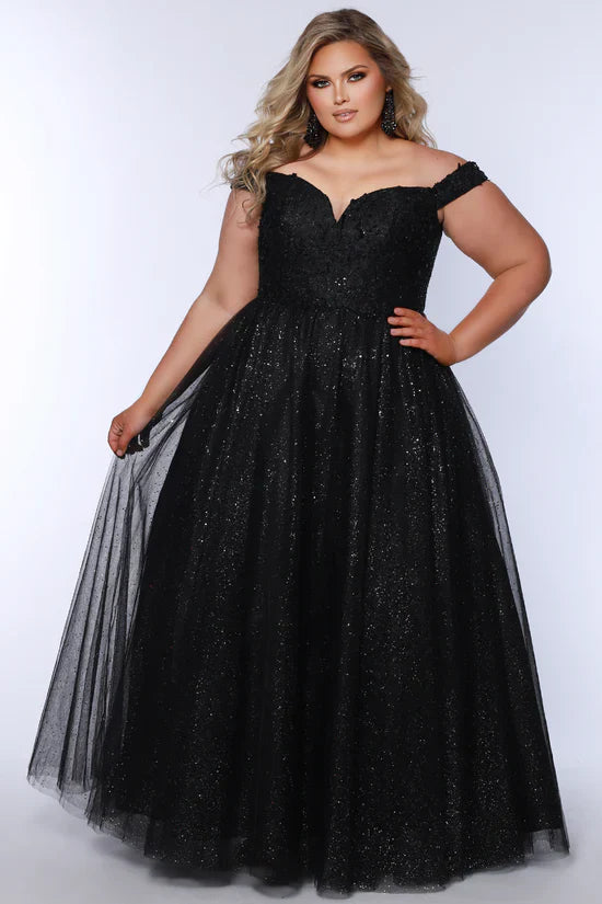 Discover elegance and style with the Sydneys Closet SC7428 Plus Size Dress. This stunning ballgown features a delicate lace design and shimmering fabric, creating a truly eye-catching look. With an off the shoulder neckline, this dress exudes sophistication and grace. Perfect for prom or any formal event, this dress is sure to make you feel confident and beautiful.