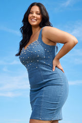 Pearl Beaded Top Denim Plus Size Mini Dress