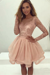 Cute Long Sleeve Lace Tulle Zipper Back Homecoming Dresses for Girls, MH364