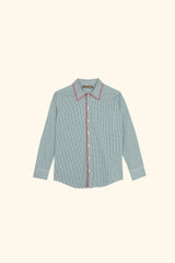 A cotton gingham long sleeved shirt with a elastic waistband and blanket stitch detail on the collar.