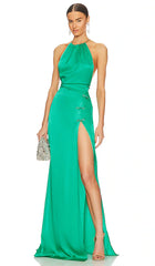Sau Lee Porter Backless Gown In Jade Green Halter Satin Slit Maxi Dress