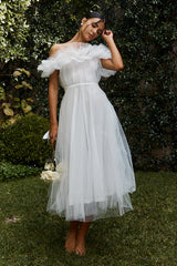 May Rose Off-Shoulder Tulle Midi Dress Off White by Selfie Leslie