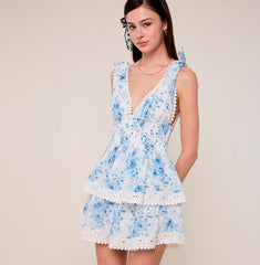 Fashion Summer Strap Tie-Up White Blue Floral Print V-Neck Ruffle Layered Lace Detailed Mini Dress