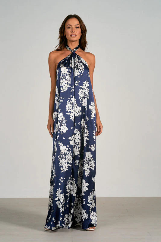 Elan Navy White Floral Leigh Halter Maxi