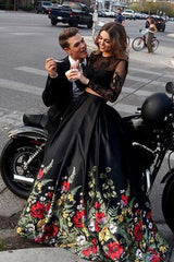 Two Piece Prom Dresses Black Lace Floral Print Long Sleeves Prom Dresses, SP613