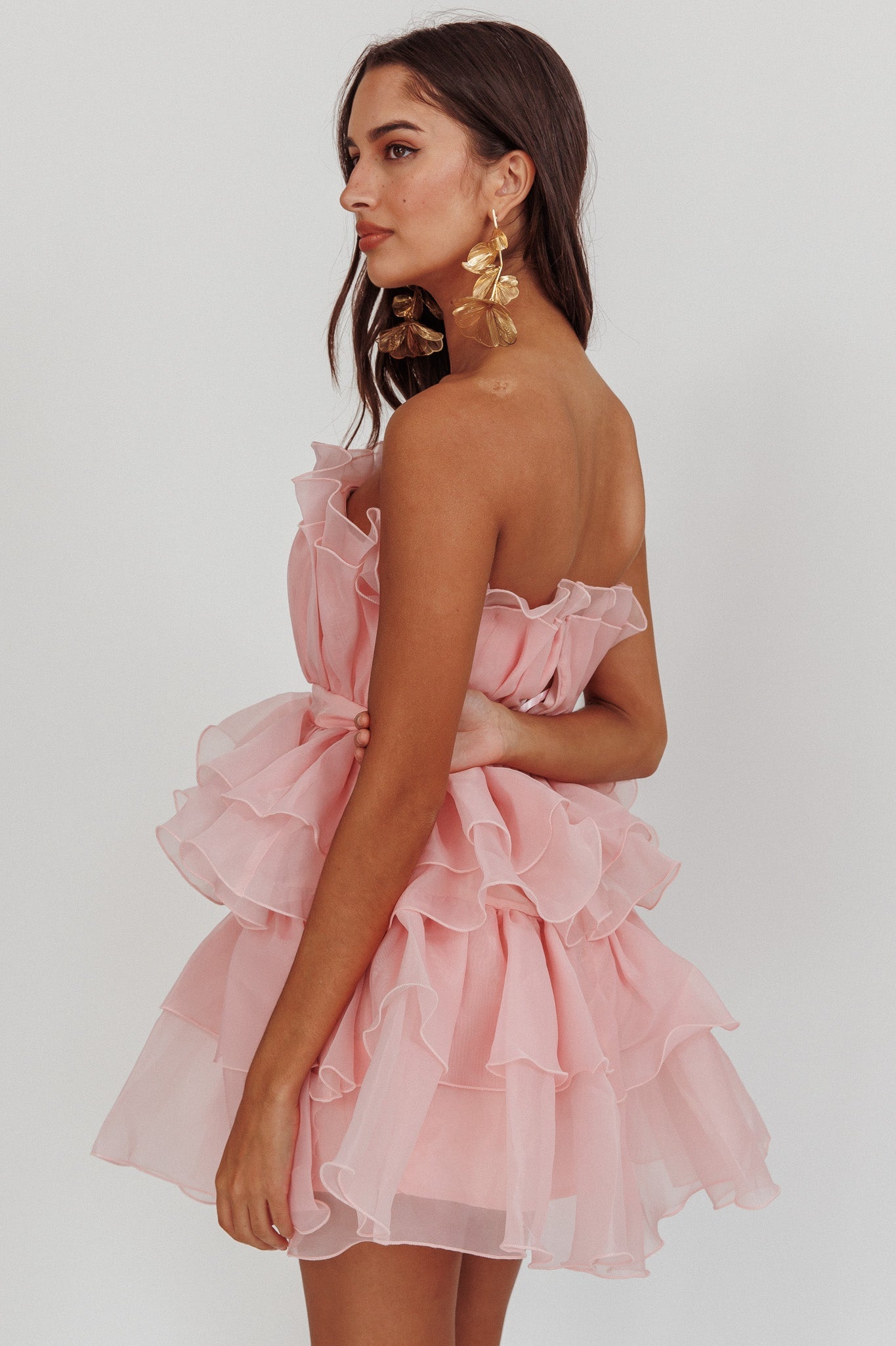 Bon Bon Tiered Chiffon Mini Dress Blush by Selfie Leslie