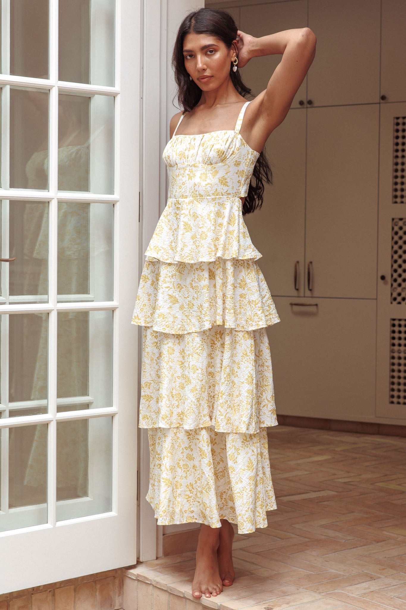 Provence Bloom Tiered Midi Dress Floral Yellow by Selfie Leslie