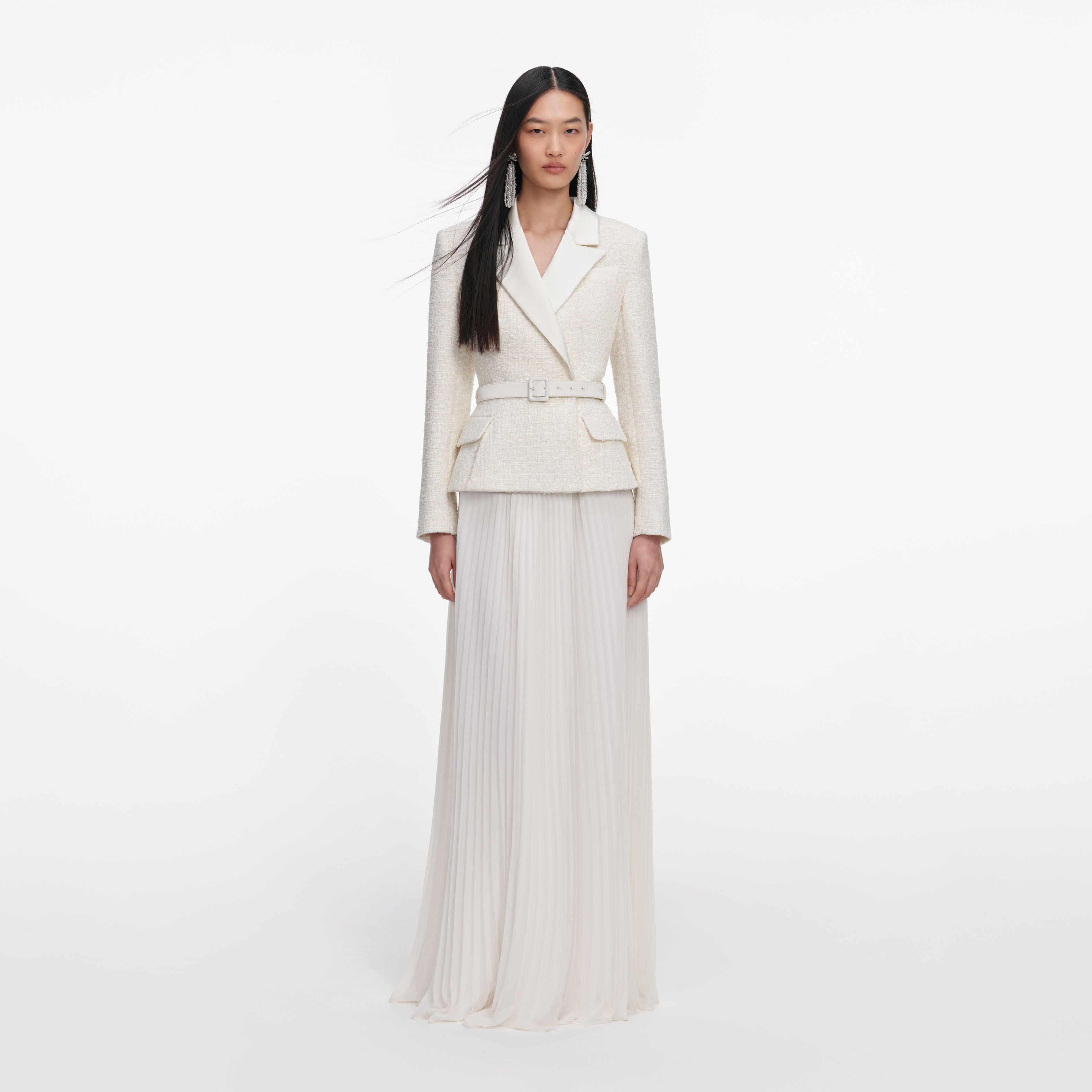 Front view of a woman wearing the Cream Tailored Boucle Chiffon Maxi Dress