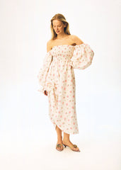 Atlanta Linen Dress with Rose Detail in Roses