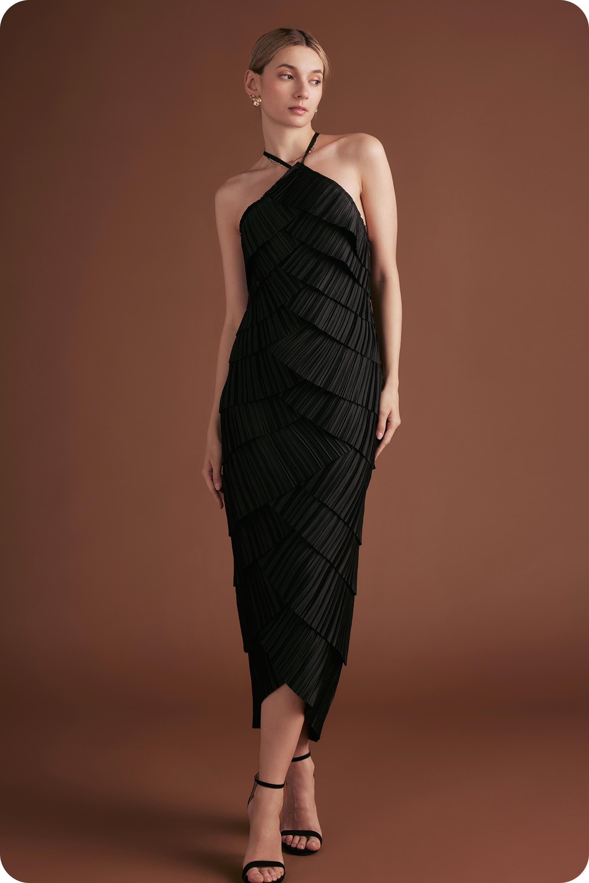 Pleated Satin Tiered Midi Dress
