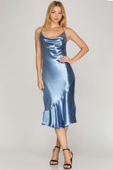 Anemone - Satin Cowl Neck Midi Cami Dress- Dusty Blue