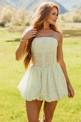 Sage Floral Print Bubble Hem Strapless Mini Dress