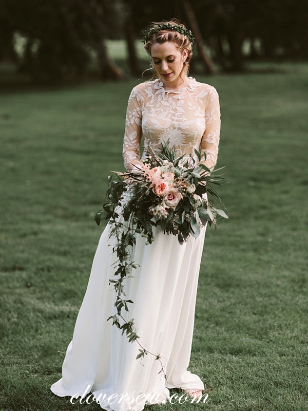 See Through Lace Top Long Sleeves Chiffon A-line Wedding Dresses , CW0047