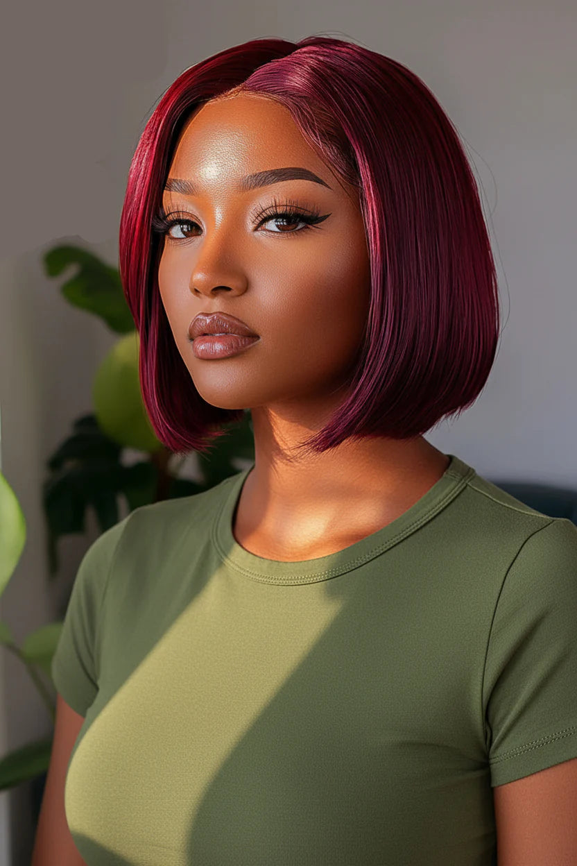 Woman with a stylish haircut and makeup, wearing a green top, with 'Obroi' branding.