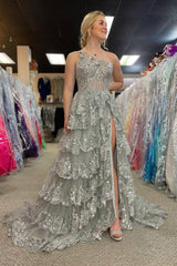 One Shoulder Layered Sequin Lace Prom Dress with Slit Evening Party Dress Ms2507172