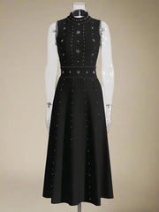 Sleeveless Fit & Flare Knit Midi Dress - Embellished Formal Occasion