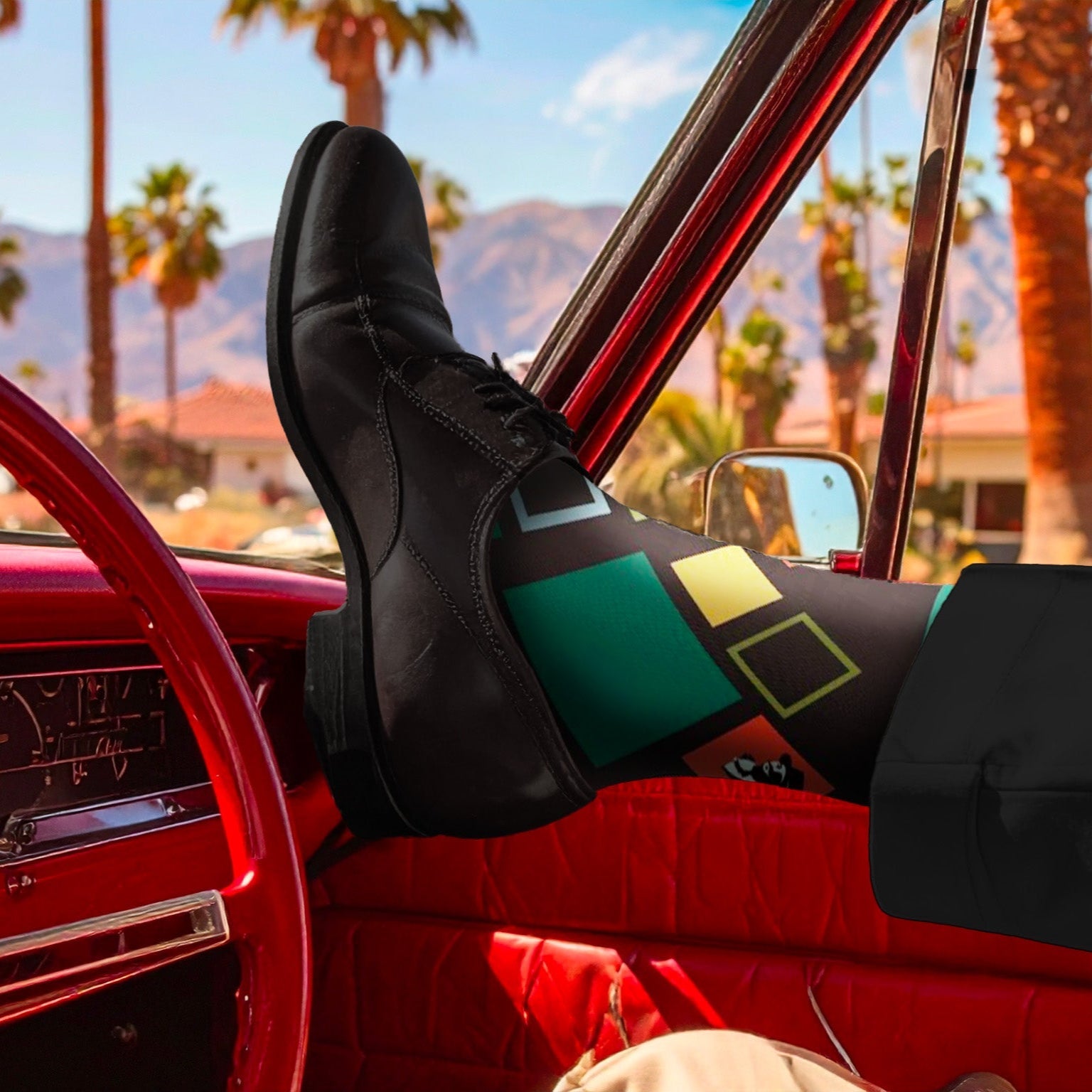 Breathable Bamboo Mid - Calf Dress Socks - Modernism Green & Black Diamond - Sock Fellas Club