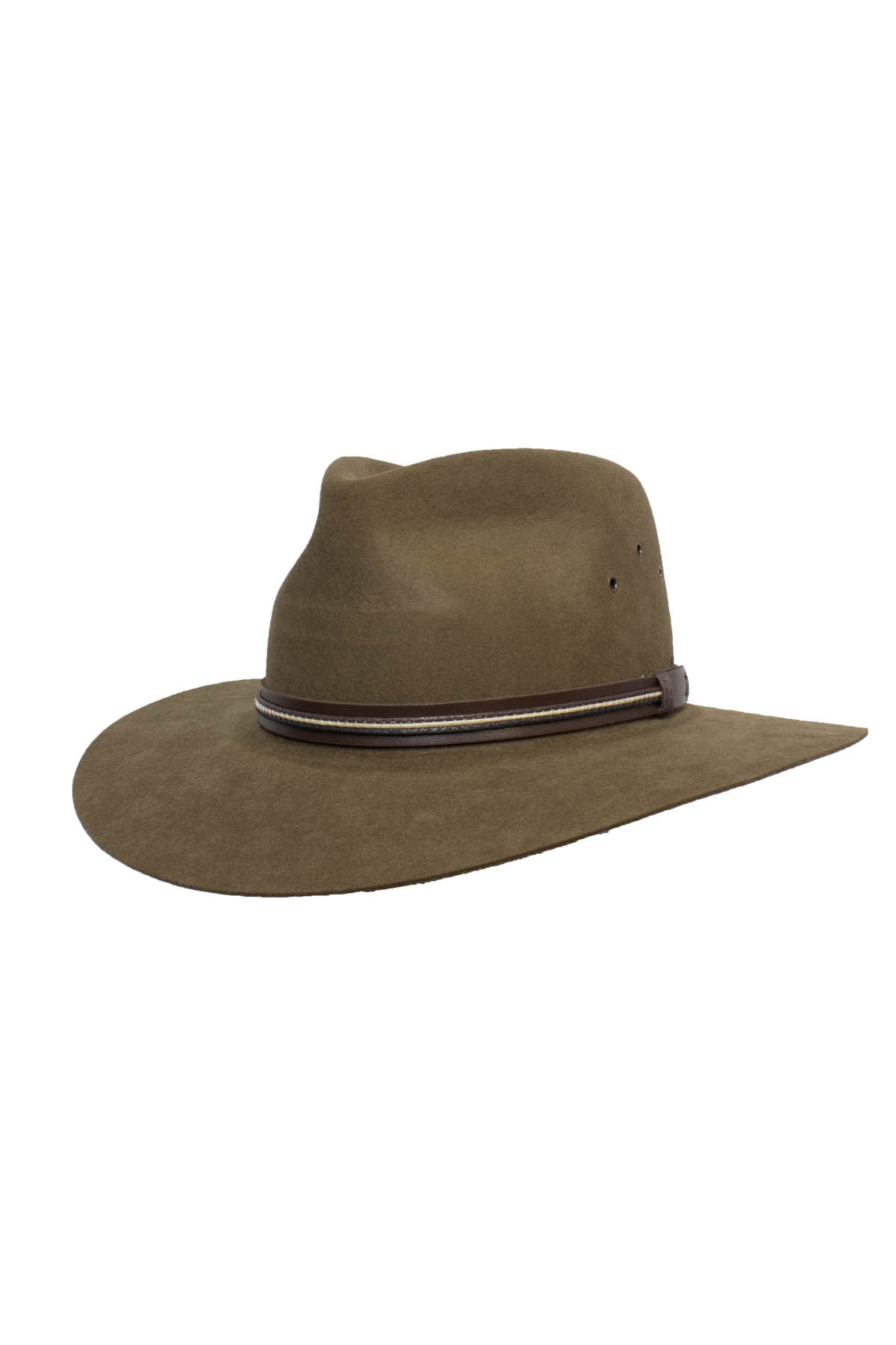 The Sovereign Cattleman is a wide-brimmed olive green hat made from Rabbit Fur Felt, featuring a slightly creased crown and a dark brown leather band for a classic, rugged style.
