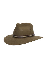 The Sovereign Cattleman is a wide-brimmed olive green hat made from Rabbit Fur Felt, featuring a slightly creased crown and a dark brown leather band for a classic, rugged style.