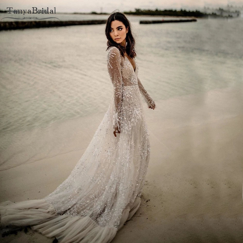 Sparkly Fireworks Lace Wedding Dresses Long Sleeve DW567