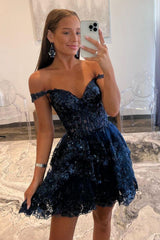 Sparkly Navy A-Line Short Tiered Homecoming Dress With Appliques
