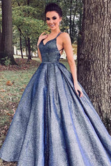 Sparkly Navy Blue Ball Gown V-neck Prom Dresses, Long Formal Dresses, MP681 | long prom dresses | navy blue prom dress | evening gown | www.musebridals.com