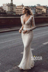 Attractive Deep V-neck Illusion Long Sleeve Appliques Lace Mermaid Wedding Dress QW0882|SQOSA