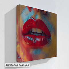 Glistening red lips command attention as the brightest area in this unique canvas print, showcasing the erotic 'Crimson Heat' large wall art.