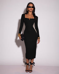 Notchy Long Sleeve Midi Dress - Contour Black/Oat