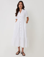 Threadbare Tiered Linen Blend V Neck Maxi Dress in White - full body