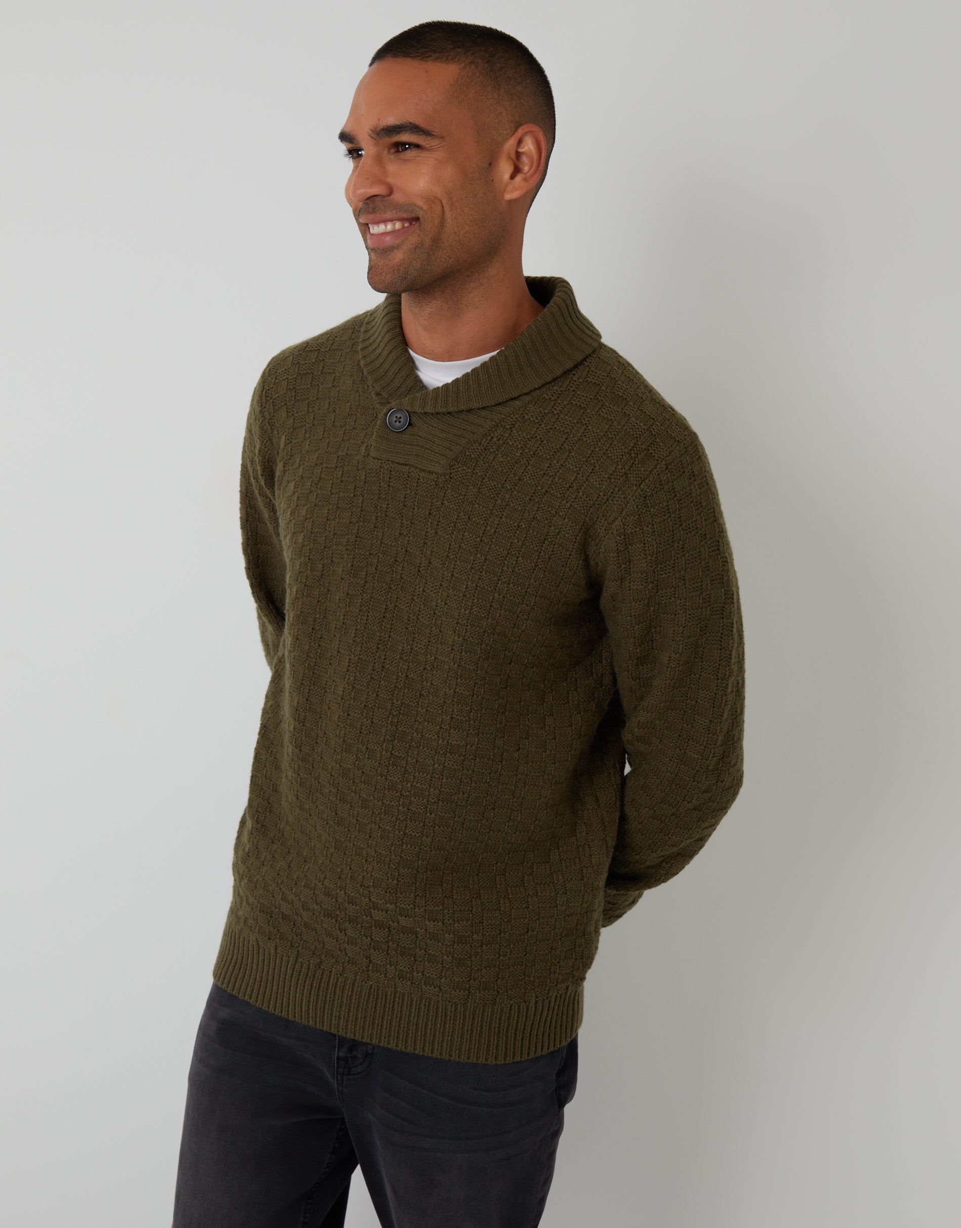 Basket Stitch Knitted Shawl Neck Jumper in Khaki Green
