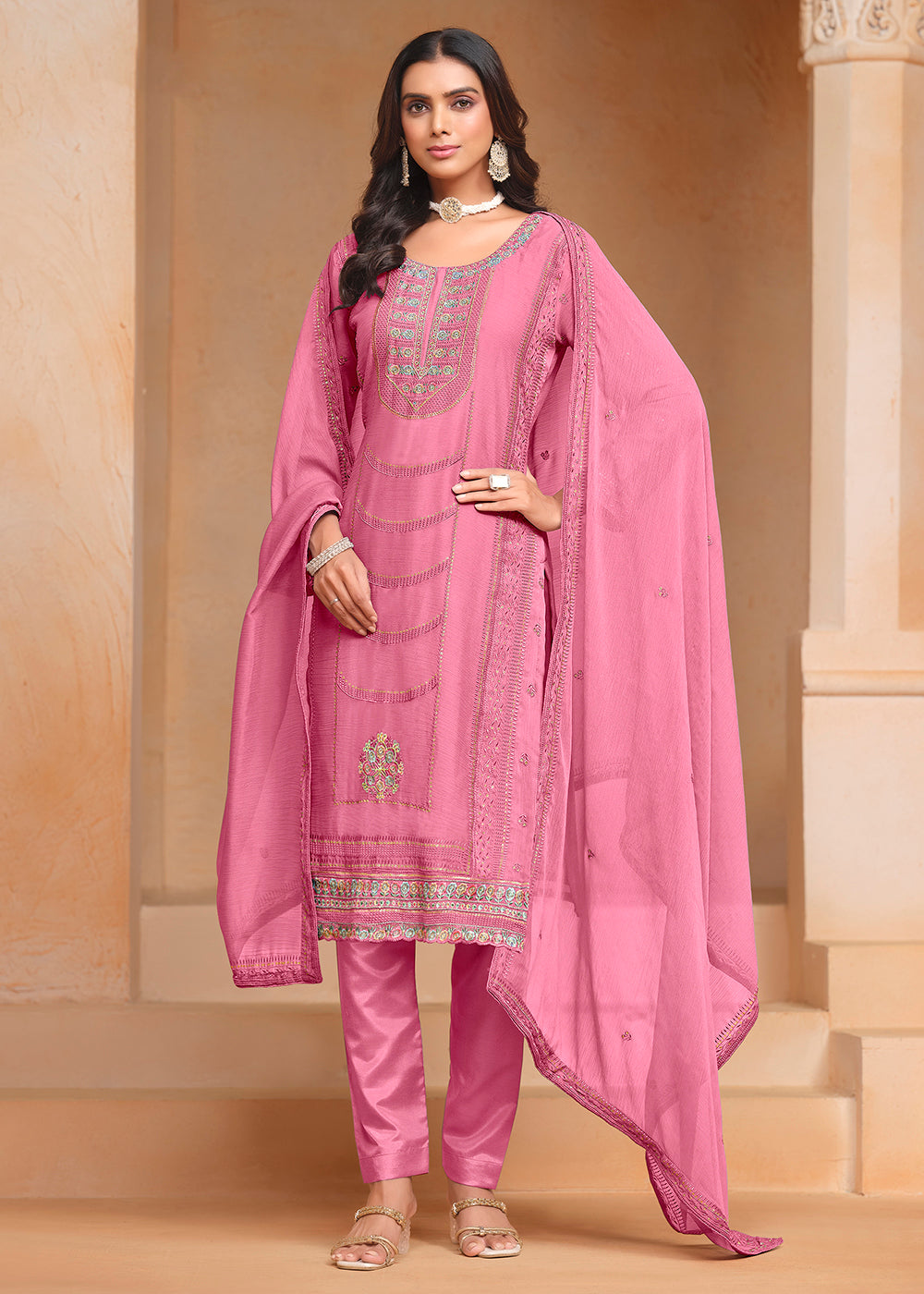 Buy Now Pink Organza Chiffon Embroidered Festive Salwar Suit Online in USA, UK, Canada, Germany & Worldwide at Empress Clothing.