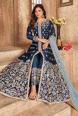 Buy Art Silk Navy Blue Anarkali - Front Slit Designer Anarkali Suit
