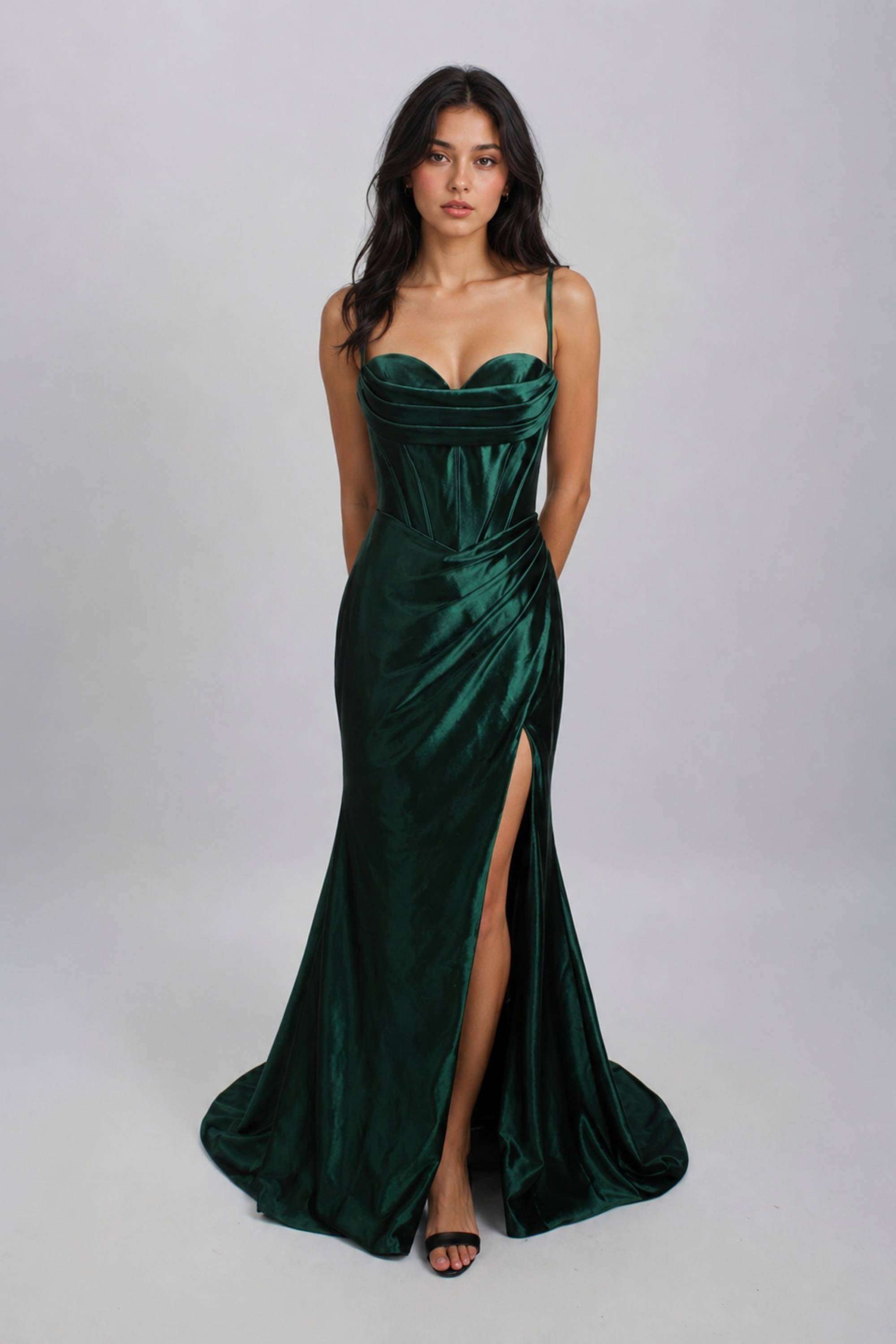 Green satin corset dress with high slit and lace-up back