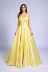 Jessica Stuart Bonnie Yellow Mikado Prom Ballgown with halter neck and corset bodice, featuring a full-length flared skirt for prom elegance.