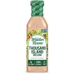 A bottle of Walden Farms Thousand Island Dressing, indicating it's calorie-free and suitable for keto diets.