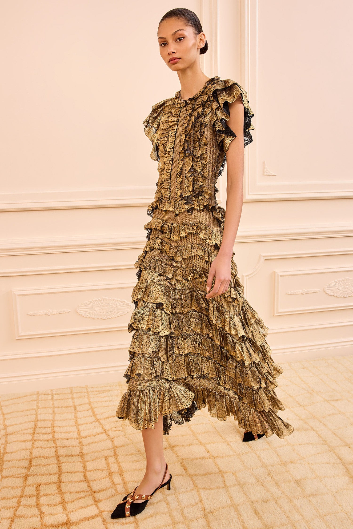 Gold Foil Ondine Ruffle Midi Dress - Front View | Ulla Johnson