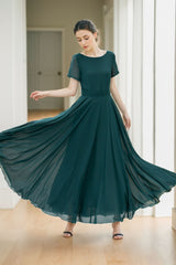 Green Chiffon Maxi Dress - Fit and Flare Silhouette with Boat Neckline 5144