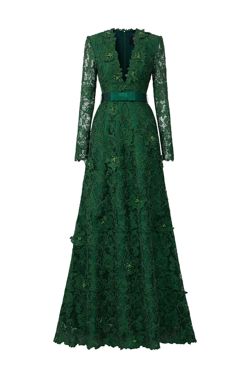 Green Jessica guipure lace and silk gown by I.H.F featuring a V-neck, A-line silhouette, and long sleeves.