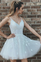 V Neck Backless White Lace Short Prom Dresses, Open Back White Homecoming Dresses, White Lace Formal Evening Dresses