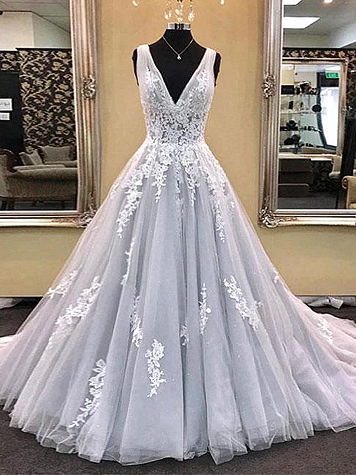 V Neck Light Gray Lace Prom Dresses, Silver Grey Lace Formal Evening Dresses